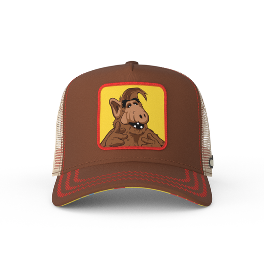 Brown twill trucker cap with khaki mesh featuring a woven patch of ALF attached to the crown.