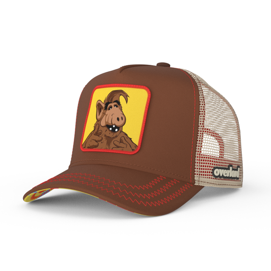 Brown twill trucker cap with khaki mesh featuring a woven patch of ALF attached to the crown.