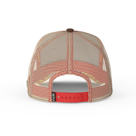 Brown twill trucker cap with khaki mesh featuring a woven patch of ALF attached to the crown.