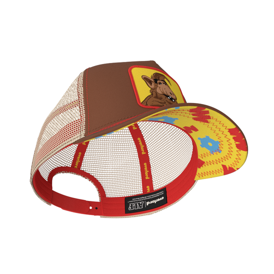 Brown twill trucker cap with khaki mesh featuring a woven patch of ALF attached to the crown.
