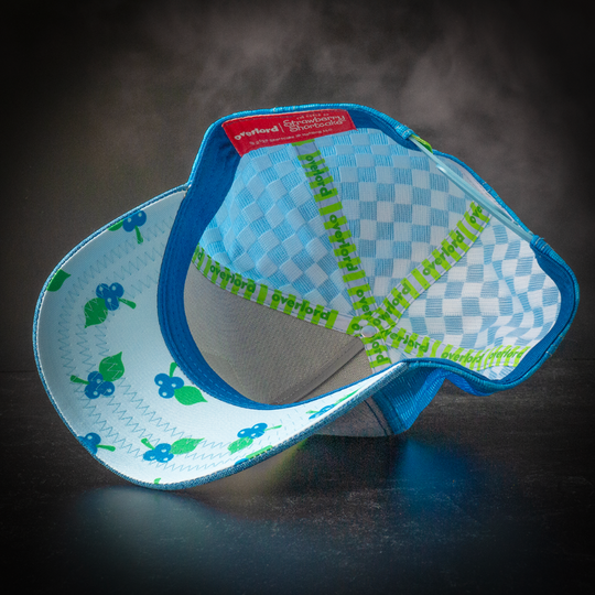 Inside view of blue linen trucker cap hat with blueberries printed on the underbrim