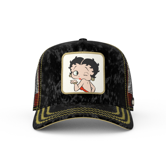 Black crushed velvet trucker cap featuring a woven patch of Betty Boop blowing a kiss attached to the crown.
