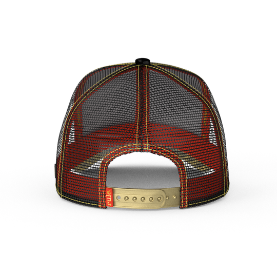 Black crushed velvet trucker cap with black mesh and metallic gold adjustable strap