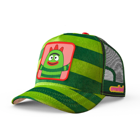 Plush green striped trucker cap hat featuring Brobe from Yo Gabba Gabba on woven patch attached to crown