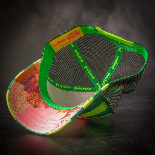 Inside view of plush green striped trucker cap hat with Brobe's world printed on underbrim