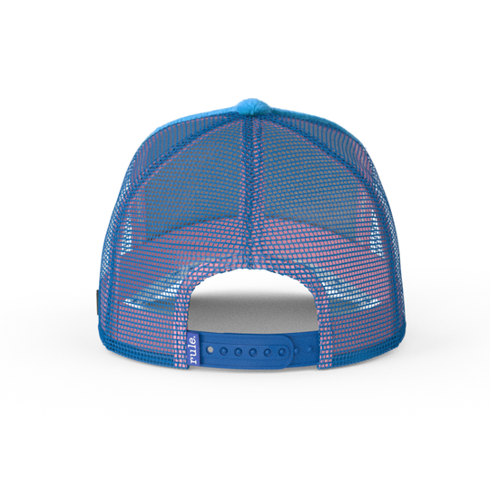 Back view of blue faux fur trucker cap with blue mesh and blue adjustable strap.