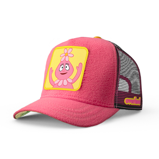 Pink fleece trucker cap hat featuring Foofa from Yo Gabba Gabba on woven patch attached to crown