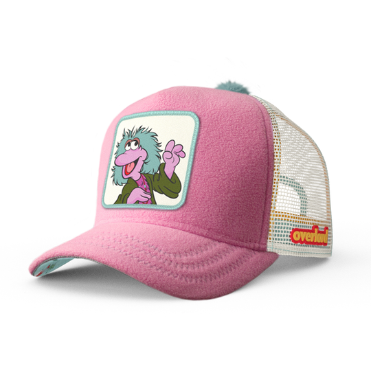 Purple fleece trucker cap hat with Fraggle Rock Mokey woven patch against white background