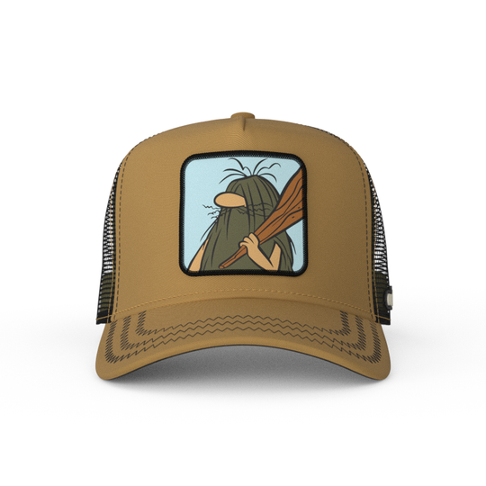 Light brown twill trucker cap with black mesh featuring a woven patch of Captain Caveman from the classic Hanna-Barbera cartoons attached to the crown.