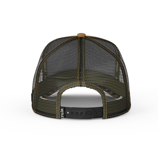 Back view of light brown twill trucker cap with black mesh and black adjustable strap.