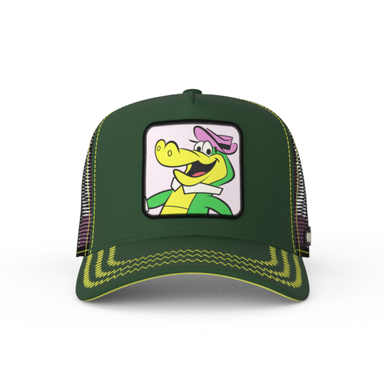 Dark green twill trucker cap with black mesh featuring a woven patch of Wally Gator from the classic Hanna-Barbera cartoons attached to the crown.
