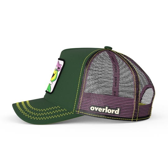 Dark green twill trucker cap with black mesh featuring a woven patch of Wally Gator from the classic Hanna-Barbera cartoons attached to the crown.