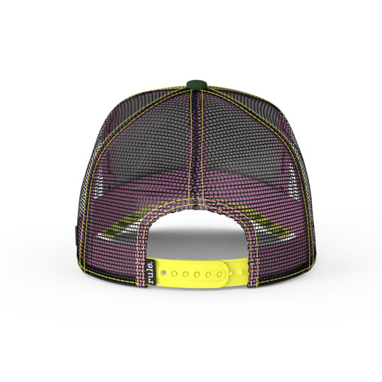 Back view of dark green twill trucker cap with black mesh and yellow adjustable strap.