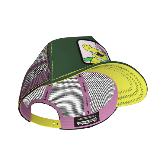 Dark green twill trucker cap with black mesh featuring a woven patch of Wally Gator from the classic Hanna-Barbera cartoons attached to the crown.