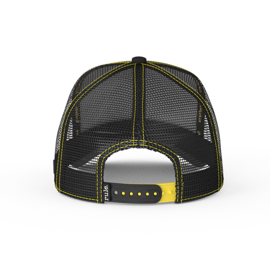 Black and yellow OVERLORD X The Simpsons Homer Doh trucker baseball cap hat with black mesh and black and yellow adjustable strap.