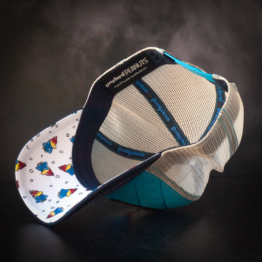 Inside view of quilted blue trucker cap hat with Peanuts Woodstock in blue jacket printed fabric underbrim