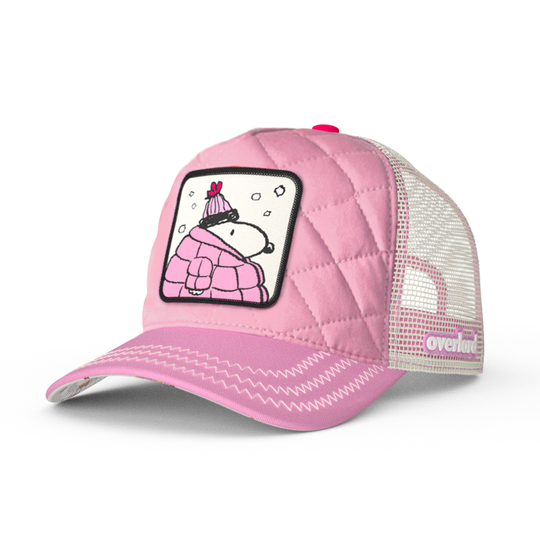 Quilted pink trucker cap hat with Peanuts Snoopy in pink jacket woven patch against a white background