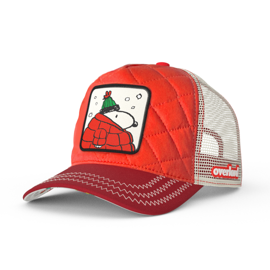 Quilted red trucker cap hat with Peanuts Snoopy in red jacket woven patch against a white background
