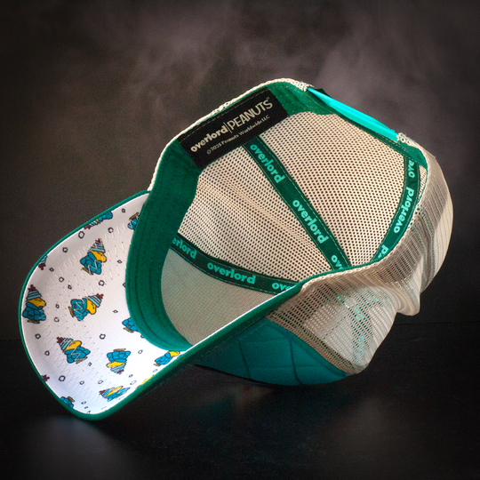 Inside view of a quilted turquoise and teal trucker cap hat with Peanuts Woodstock in teal jacket printed fabric on underbrim.