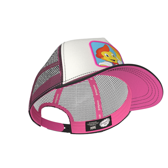 White and black OVERLORD X The Simpsons Lard Lad holding donut trucker baseball cap hat with hot pink sweatband and under brim.