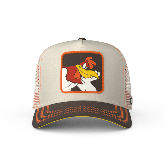 Beige and brown trucker cap with a Foghorn Leghorn rooster patch against a white background