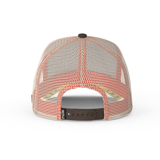 Backview of beige and brown trucker cap with a Foghorn Leghorn rooster patch on a white background