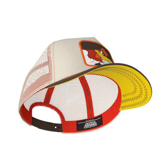 Inside view of a Beige and brown trucker cap with a Foghorn Leghorn rooster patch on a white background