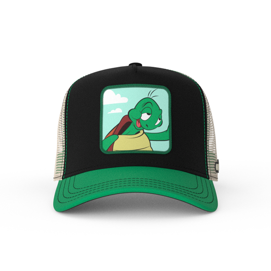 Black and green twill trucker cap with khaki mesh featuring a woven patch of Cecile the Turtle from the Looney Tunes attached to the crown.