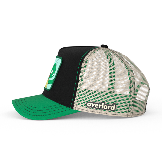 Black and green twill trucker cap with khaki mesh featuring a woven patch of Cecile the Turtle from the Looney Tunes attached to the crown.