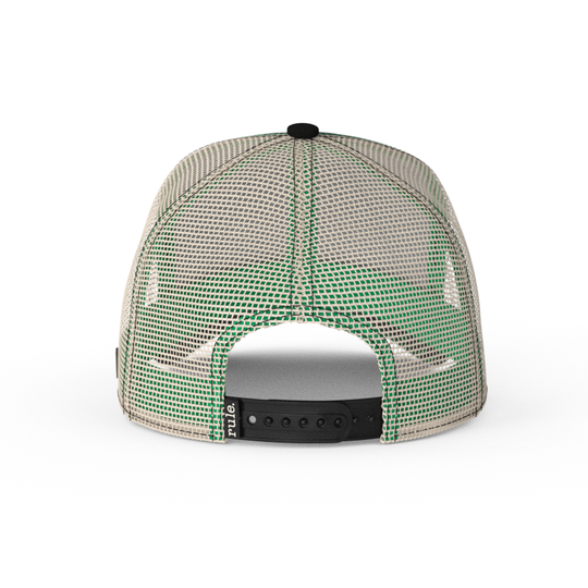 Back view of black and green twill trucker cap with khaki mesh and black adjustable strap.