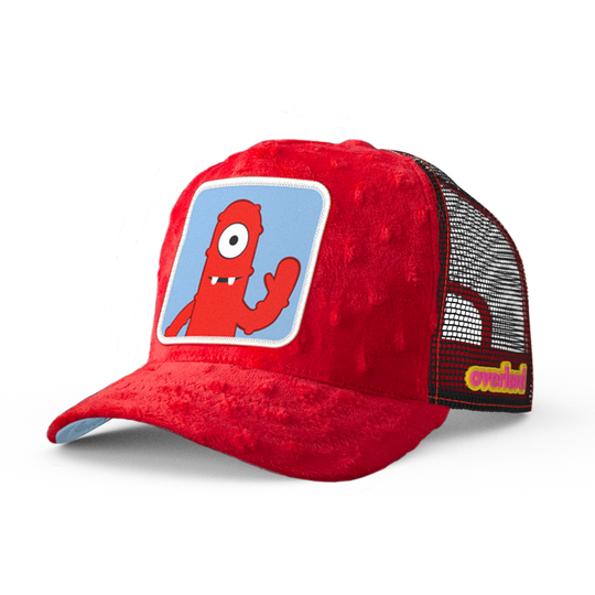 Red plush minky trucker cap hat featuring Muno from Yo Gabba Gabba on woven patch attached to crown