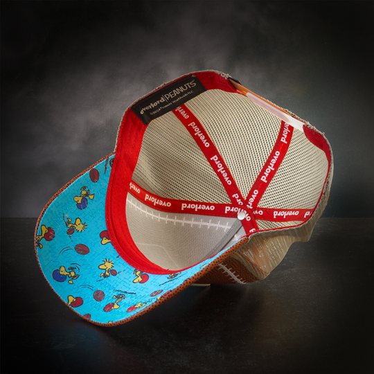 Inside view of brown faux football leather trucker cap with Peanuts Woodstock football poses on blue underbrim
