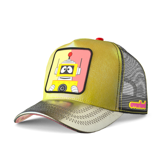 Metallic yellow and silver trucker cap hat featuring Plex from Yo Gabba Gabba on woven patch attached to crown
