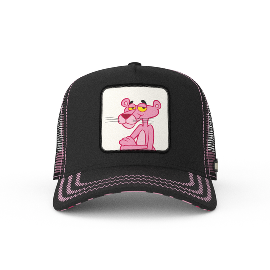 Black twill trucker cap featuring a woven patch of Pink Panther attached to the crown.