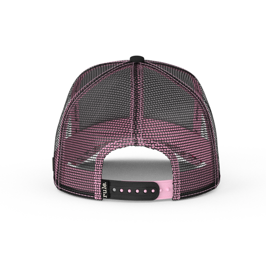 Black twill trucker cap with black mesh and black and pink adjustable strap