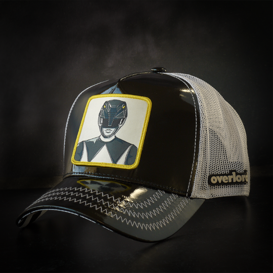 Shiny black  faux leather trucker cap featuring a Power Rangers Black Ranger woven patch on crown.