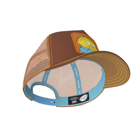 Brown OVERLORD X The Simpsons Ralph Wiggum picking his nose trucker baseball cap hat with light blue sweatband and brown under brim.