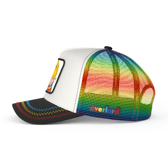 Side view of black and white trucker cap hat with rainbow mesh featuring Rainbow Brite on woven patch attached to crown