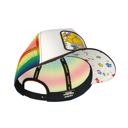 Inside view of black and white trucker cap hat colorful stars printed on the underbrim