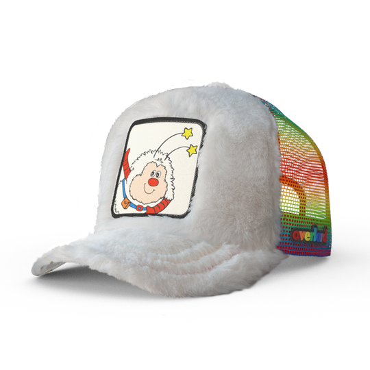 White faux fur trucker cap hat with rainbow mesh featuring Twink from Rainbow Brite on woven patch attached to crown