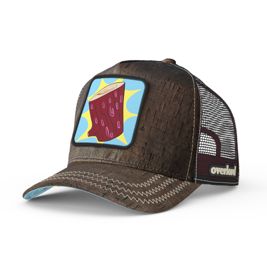 Brown cork wood trucker cap hat featuring Log from Ren and Stimpy on woven patch attached to crown