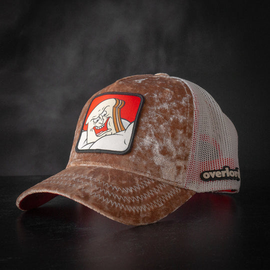 Brown crushed velvet cap hat featuring Powdered Toast Man from Ren and Stimpy on woven patch attached to crown