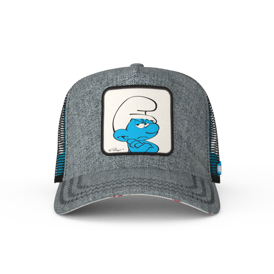 Heather gray trucker cap with black mesh featuring a woven patch of Grouchy Smurf from the Smurfs attached to crown