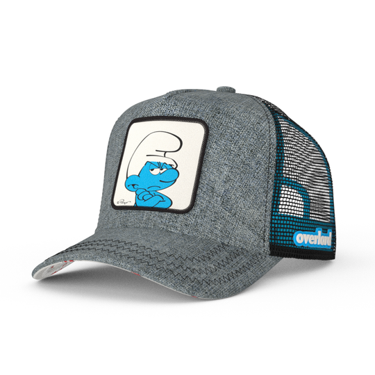 Heather gray trucker cap with black mesh featuring a woven patch of Grouchy Smurf from the Smurfs attached to crown
