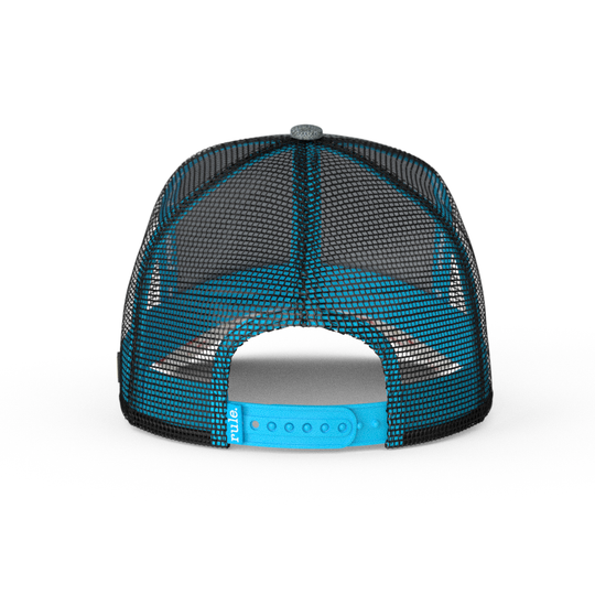 Back view of heather gray trucker cap with black mesh and blue adjustable strap
