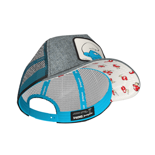 Heather gray trucker cap with black mesh featuring a woven patch of Grouchy Smurf from the Smurfs attached to crown