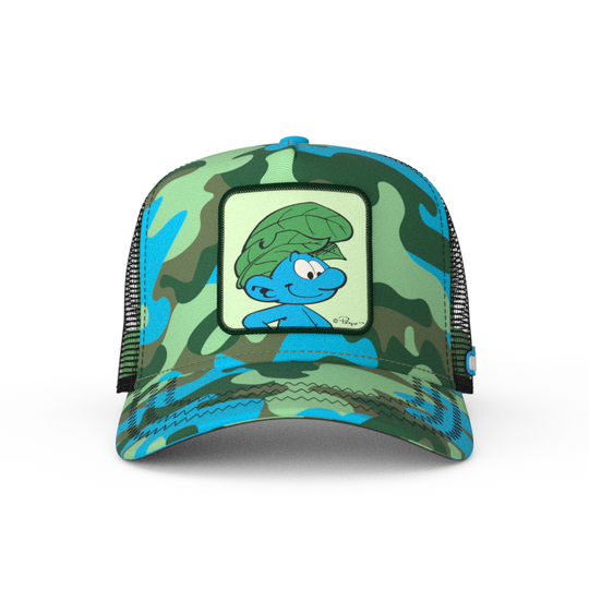Turquoise and green camo trucker cap with black mesh featuring a woven patch of Wild Smurf from the Smurfs attached to the crown