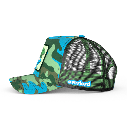 Turquoise and green camo trucker cap with black mesh featuring a woven patch of Wild Smurf from the Smurfs attached to the crown