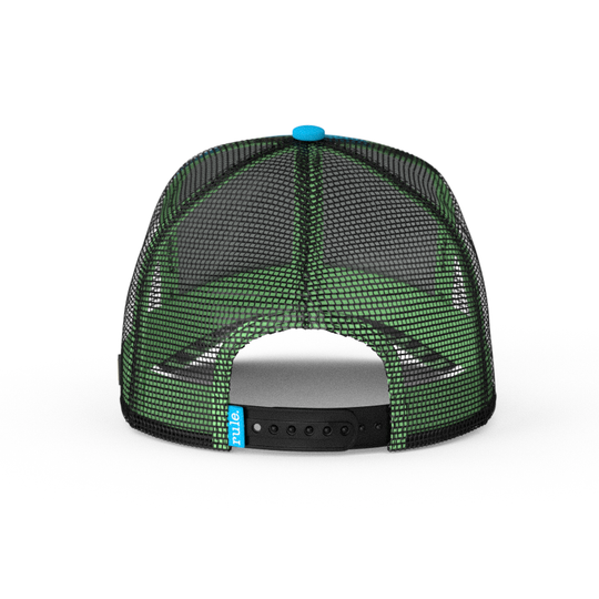 Turquoise and green camo trucker cap with black mesh and black adjustable strap