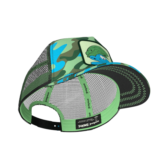 Turquoise and green camo trucker cap with black mesh featuring a woven patch of Wild Smurf from the Smurfs attached to the crown